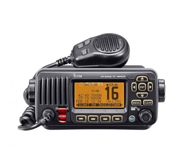 Fixed marine VHF radio with DSC controls and a hand microphone