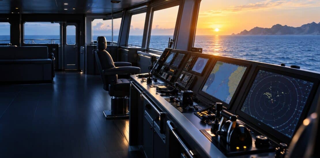 Navigation bridge of a vessel at sunset