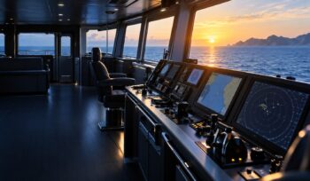 Navigation bridge of a vessel at sunset