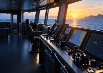 Navigation bridge of a vessel at sunset