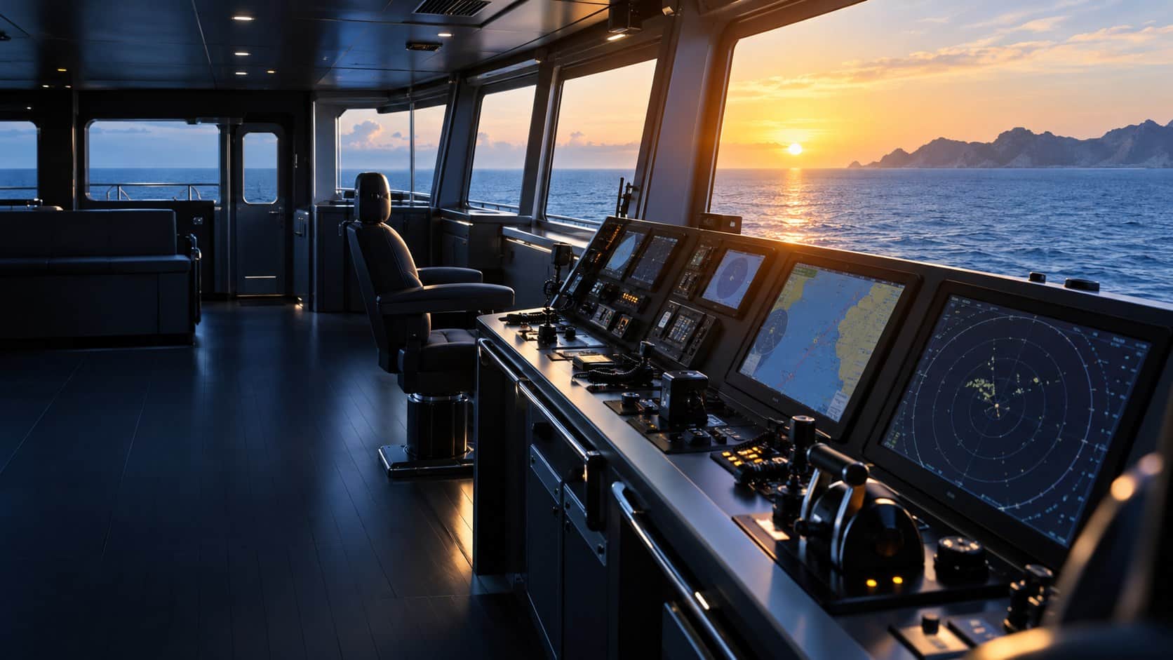 Navigation bridge at sunset