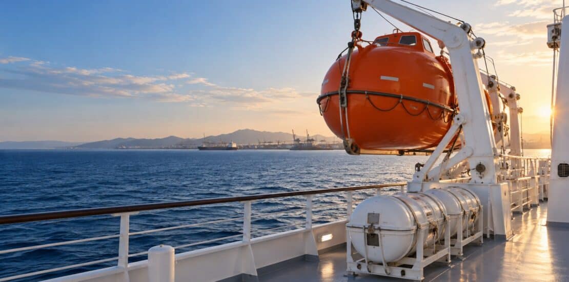 Orange enclosed lifeboat mounted beside a vessel’s deck at sea