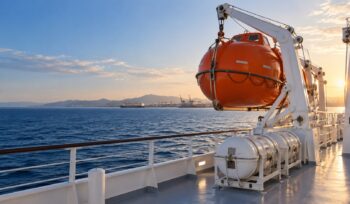 Orange enclosed lifeboat mounted beside a vessel’s deck at sea