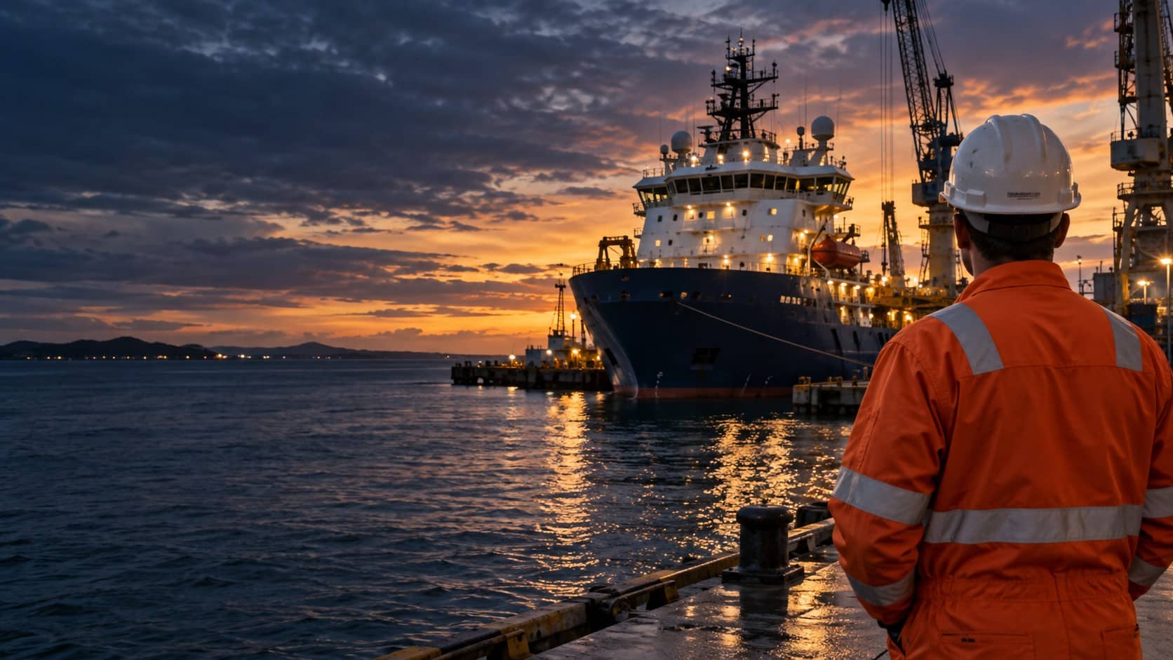 Marine safety engineer overlooking a vessel in port