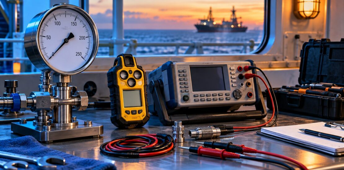 Portable gas detector and calibration instruments on a marine workshop bench.