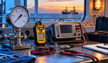 Portable gas detector and calibration instruments on a marine workshop bench.