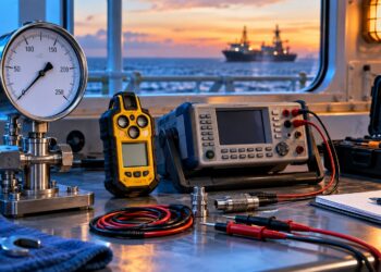 service-calibration Portable gas detector and calibration instruments on a marine workshop bench.