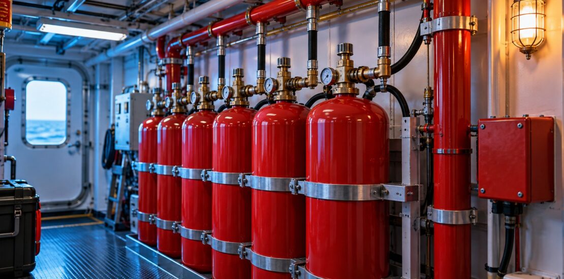 Fire-suppression cylinders and pipework in a shipboard compartment