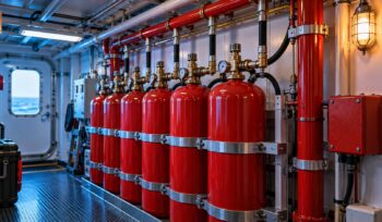 Fire-suppression cylinders and pipework in a shipboard compartment