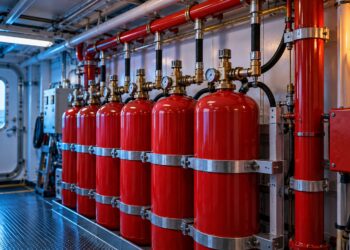 service-fire Fire-suppression cylinders and pipework in a shipboard compartment