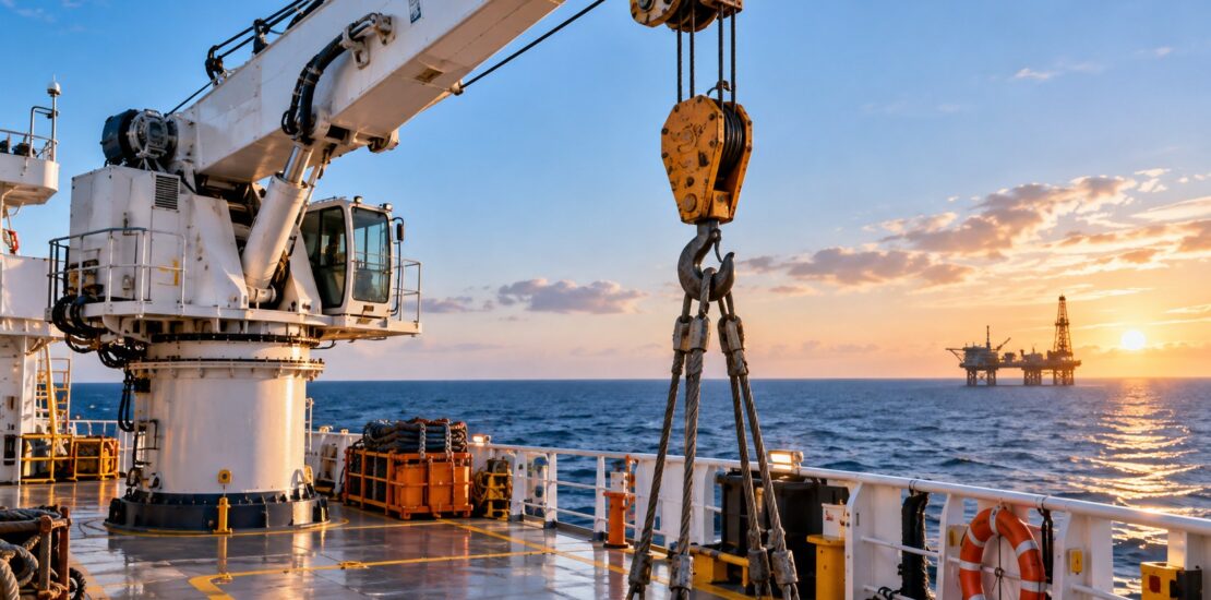 Marine deck crane with a hook and lifting slings above the vessel deck.