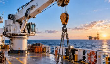 Marine deck crane with a hook and lifting slings above the vessel deck.