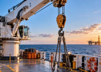 service-lifting Marine deck crane with a hook and lifting slings above the vessel deck.