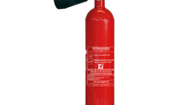 Portable red CO2 fire extinguisher with discharge horn