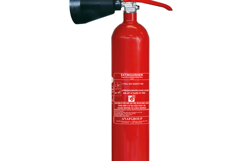 Portable red CO2 fire extinguisher with discharge horn