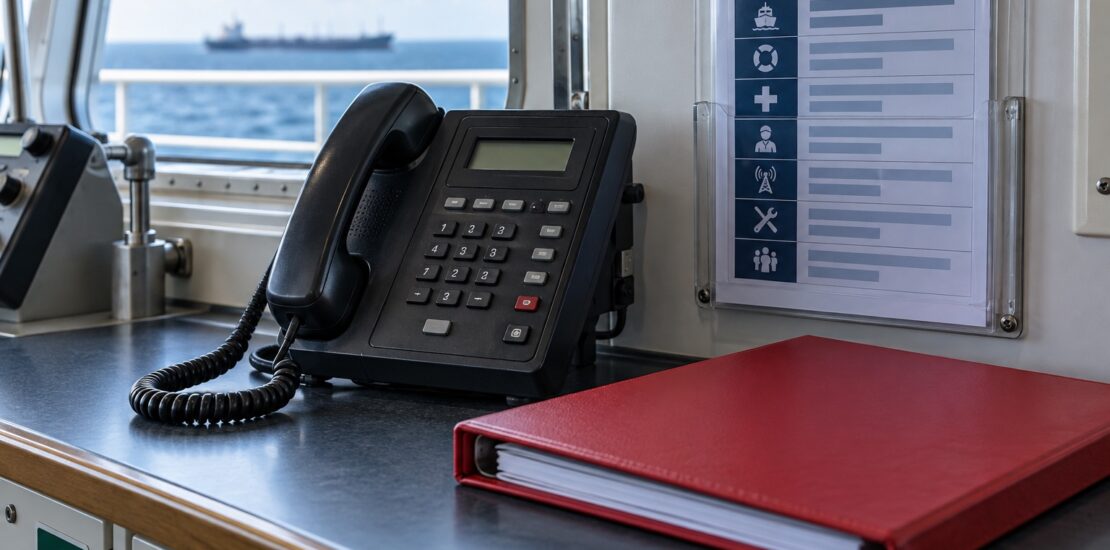Illustration of a shipboard telephone beside a paper contact directory and red document folder