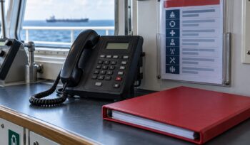 Illustration of a shipboard telephone beside a paper contact directory and red document folder