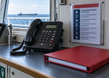 Illustration of a shipboard telephone beside a paper contact directory and red document folder
