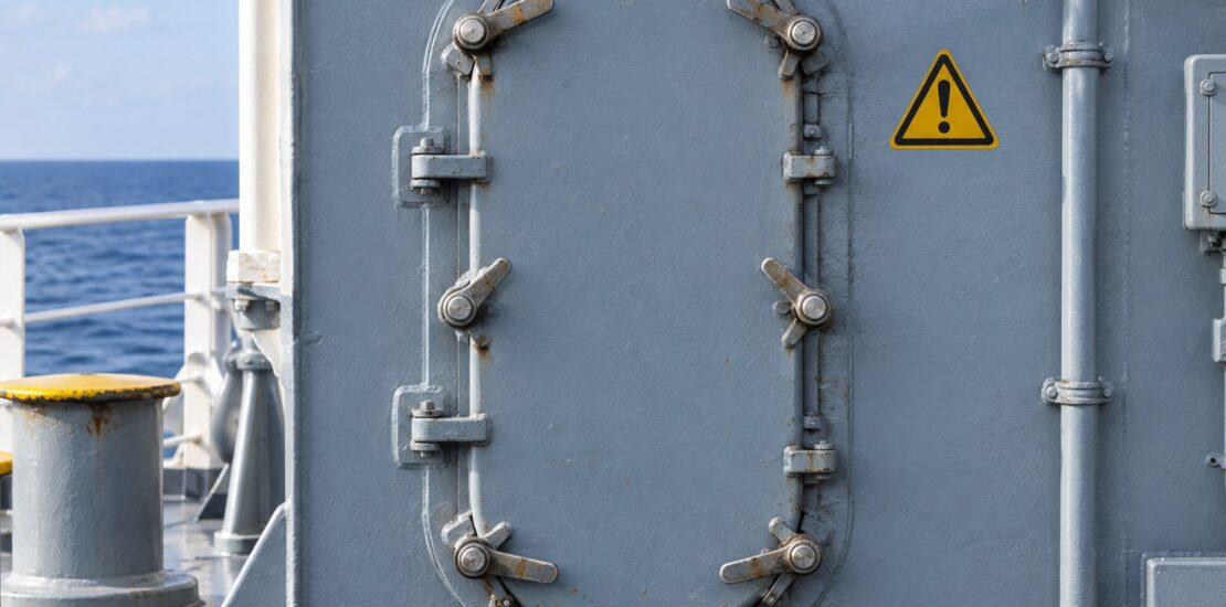 Illustration of a closed shipboard access hatch beside a yellow hazard symbol