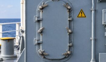 Illustration of a closed shipboard access hatch beside a yellow hazard symbol