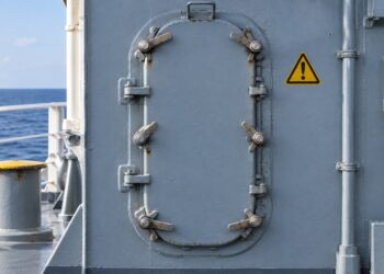 enclosed-space-hatch Illustration of a closed shipboard access hatch beside a yellow hazard symbol