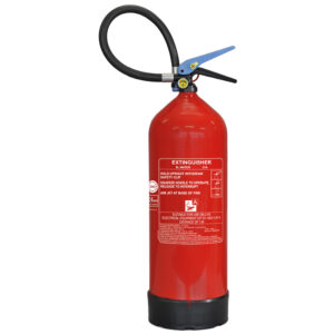 Red portable fire extinguisher with hose, operating handle and identification label