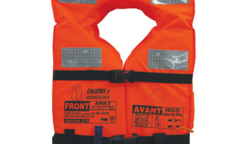 Orange foam lifejacket with reflective panels and adjustable black straps