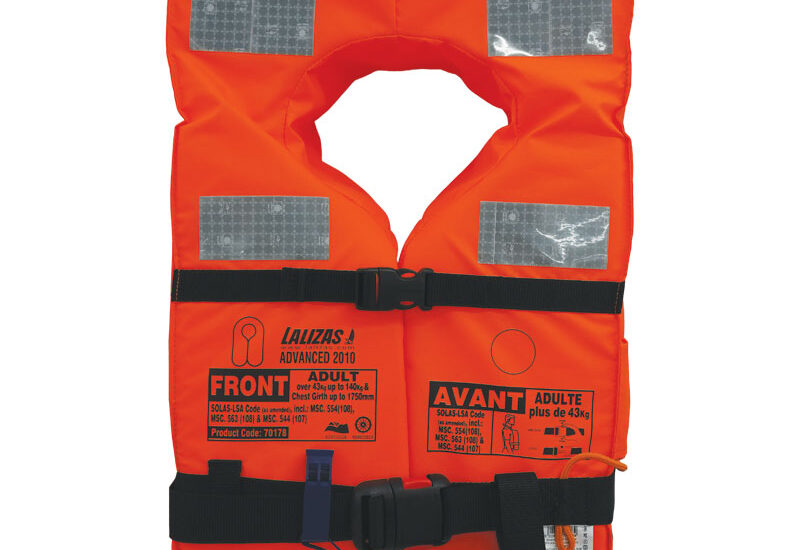 Orange foam lifejacket with reflective panels and adjustable black straps
