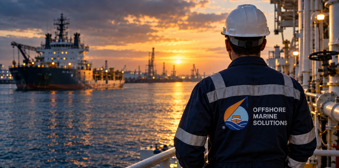 Marine technician overlooking vessels in a harbour at sunset