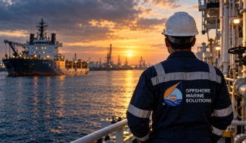Marine technician overlooking vessels in a harbour at sunset