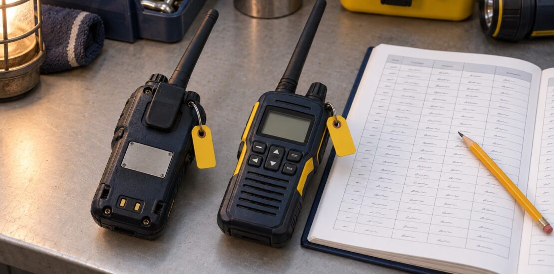 Illustration of two tagged handheld radios beside an equipment register on a workshop bench