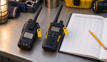 Illustration of two tagged handheld radios beside an equipment register on a workshop bench