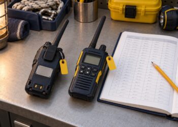 vessel-equipment-register Illustration of two tagged handheld radios beside an equipment register on a workshop bench