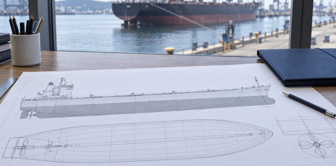 Illustration of vessel hull drawings and a document folder beside a harbour-facing window