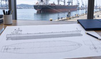 Illustration of vessel hull drawings and a document folder beside a harbour-facing window