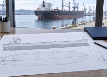vessel-survey-particulars Illustration of vessel hull drawings and a document folder beside a harbour-facing window
